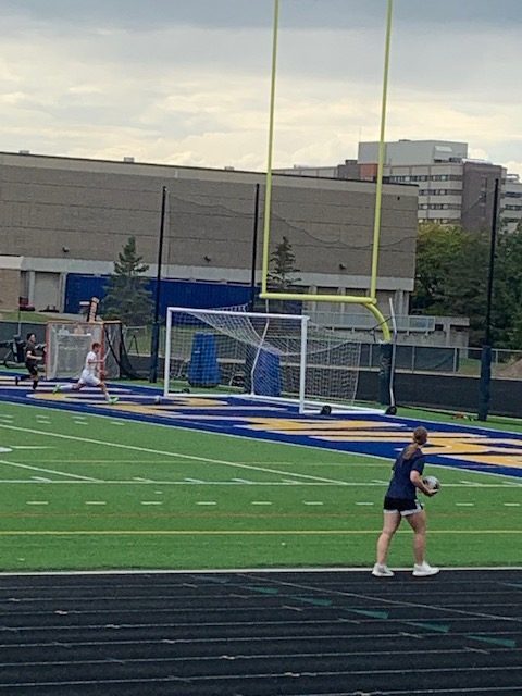 Owen Backus pursues a ball before scoring his first collegiate goal. 