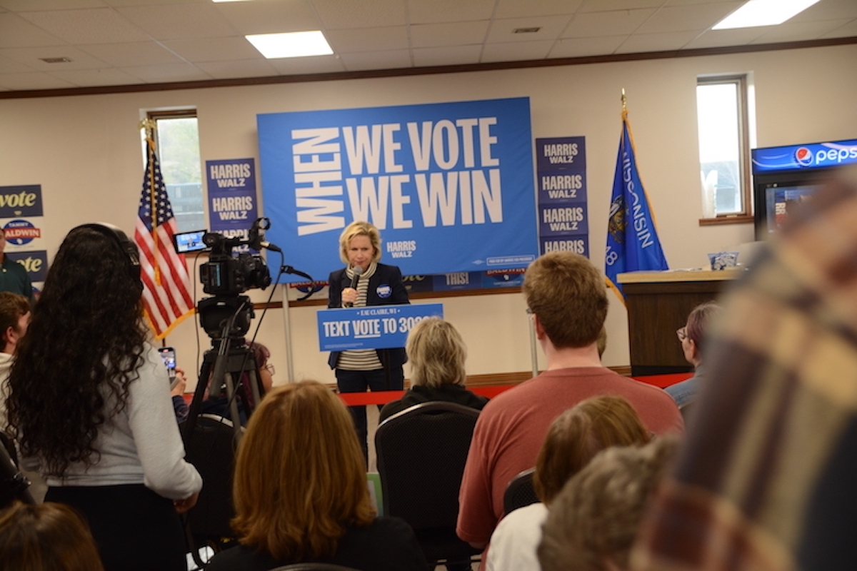 Gwen Walz speaks to a crowd of supporters in Eau Claire three days out from the election.