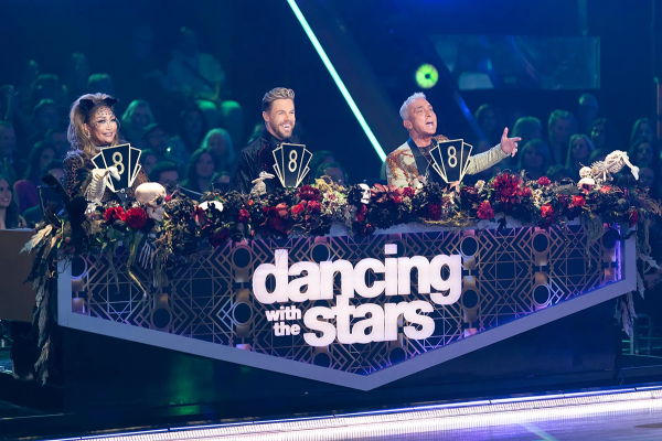 Seated furthest left, Carrie Ann had a scary night of scoring. (Photo from Disney/Christopher Willard)
