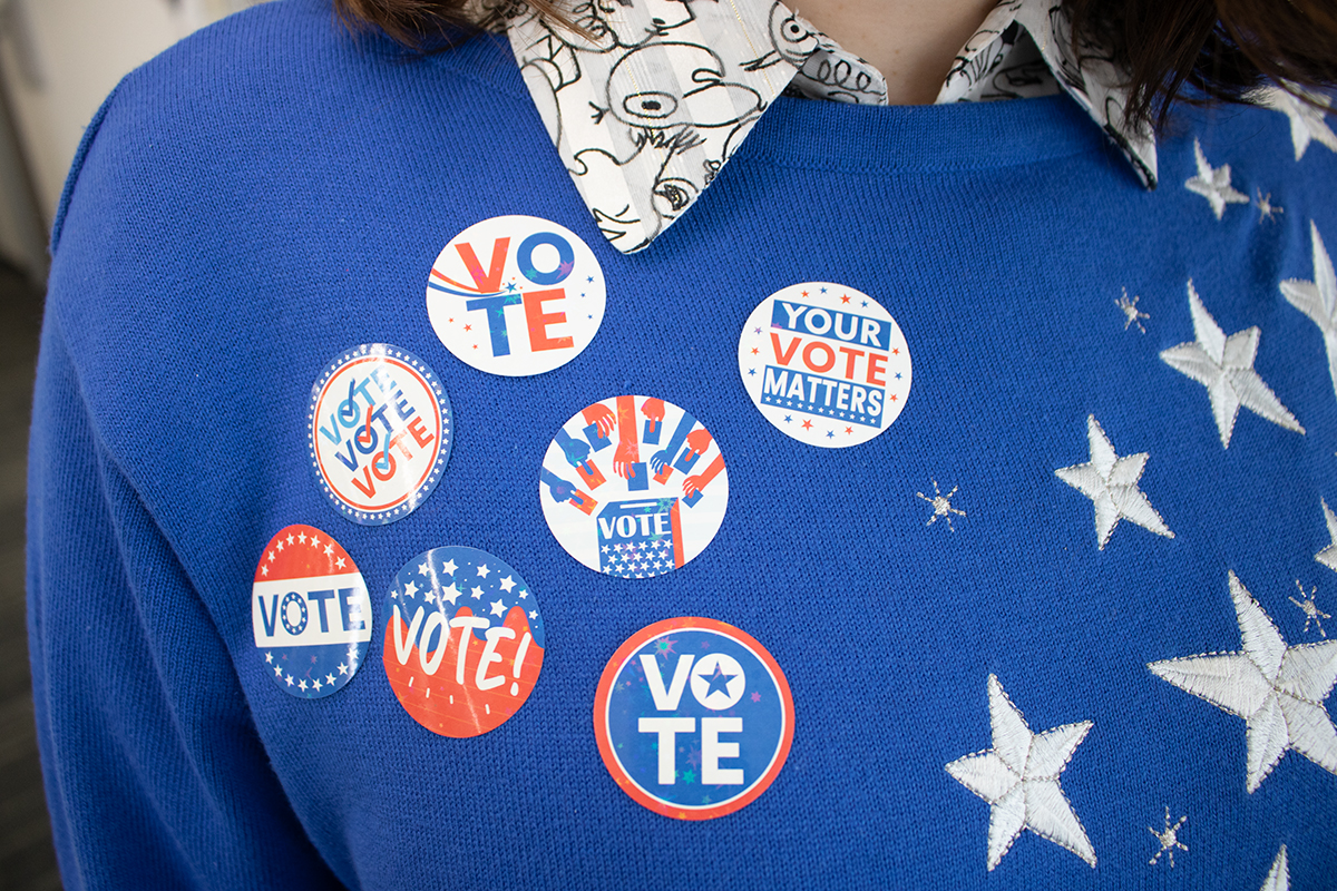  A UW-Eau Claire student shows off stickers encouraging people to vote. Several voting advocacy groups have visited the UW-Eau Claire campus during the election cycle to encourage students to vote in the 2024 Presidential Election.