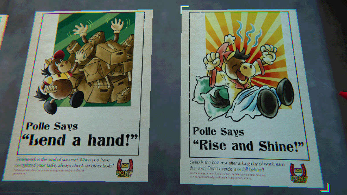 A humanoid pony with a red hat, yellow shirt and white gloves is on two posters. The poster on the left shows the character setting a box onto a seemingly cluttered stack of similar boxes. The phrase “Polle says ‘Lend a hand!’” is on the bottom of the poster. On the right, a poster shows the character waking from sleep, with a blanket on their legs and pillows