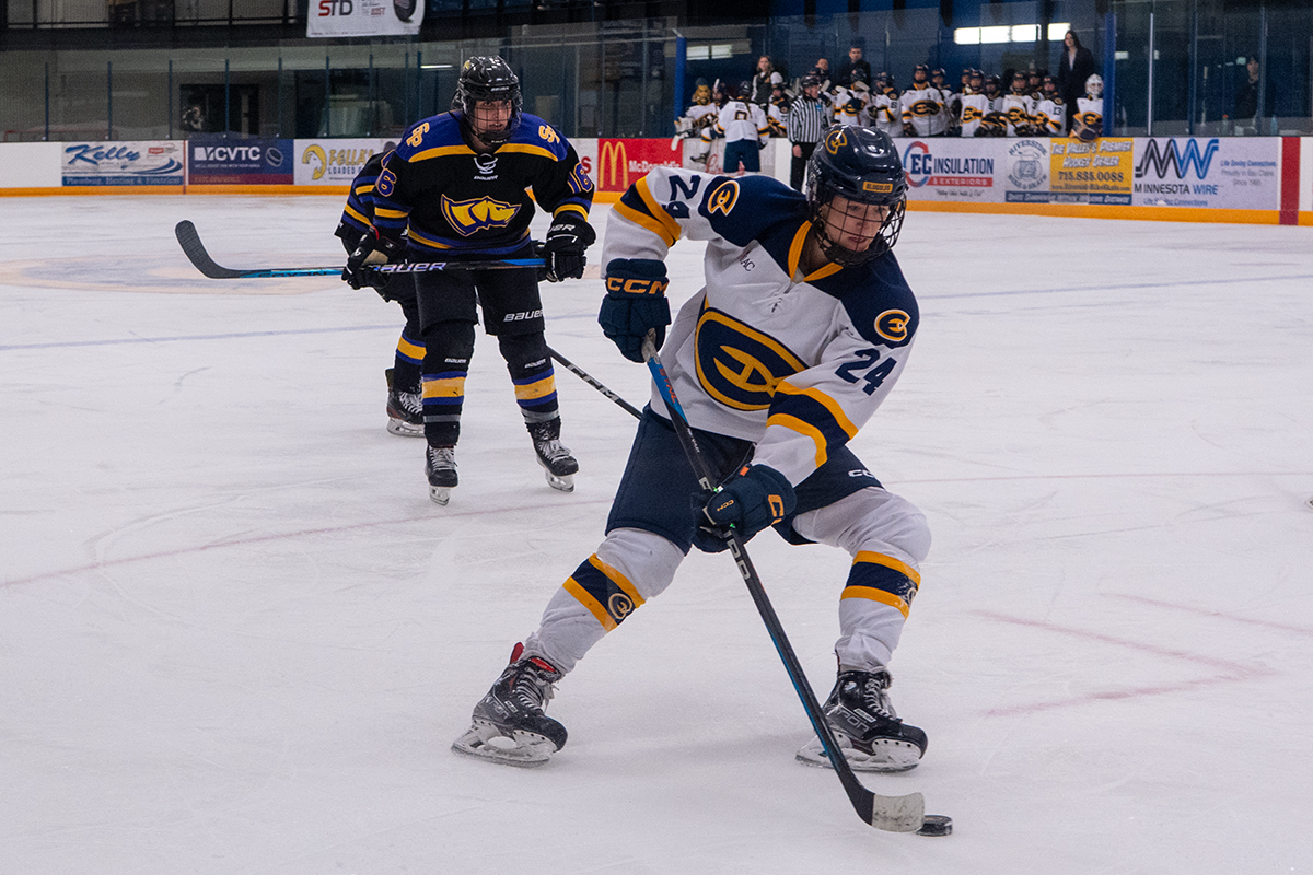 Forward Jana Lesch approaches the goal during Friday’s semifinals game one against UW-Stevens Point. Lesch didn’t score during game one but collected a goal at 9:07 in the first period during game two with an assist by forward Sam Moehle, Friday, Feb. 28, 2025 in Eau Claire, Wisconsin.